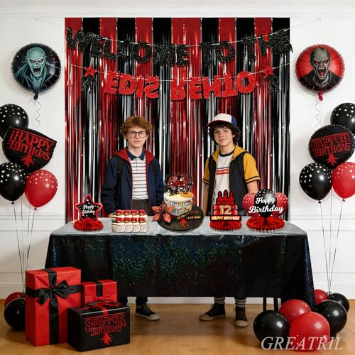 Image of Black Red Party Streamers Backdrop - GREATRIL Foil Fringe Tinsel for Stranger /Friday Party /Halloween Party Decorations - 3.2ft X 8.2ft - 2 Packs