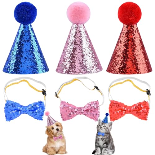 UIEXAY 3 Piezas Sombrero De Cumpleaños para Mascotas Gorro Fiesta Perro Gato con Corbata De 3 Pajarita Lentejuela para Cachorro Gatito