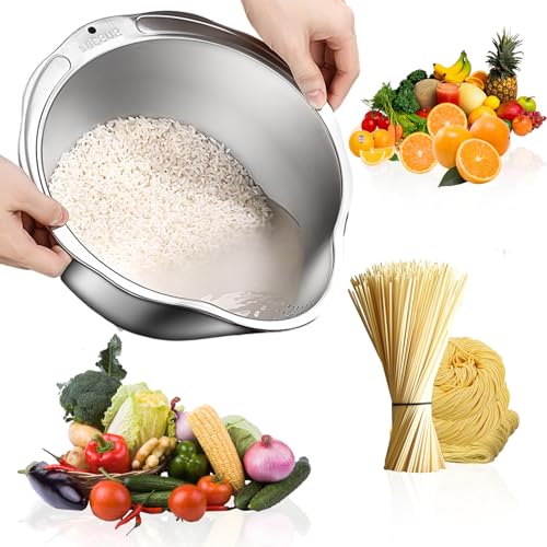 Edelstahl Reis Waschschüssel mit Ausgießer Lebensmittelechtes Nudelsieb für Reis Quinoa Gemüse & Obst Rostbeständiges Küchen Sieb Spülmaschinenfest BPA-frei Nudelsieb Edelstahl Sieb Küche