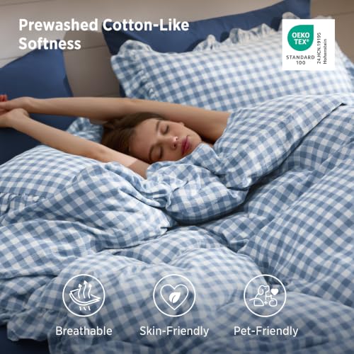 Image of Bedsure Gingham Ruffle Duvet Cover Set, Queen Cotton-Like Quilt Cover, Blue