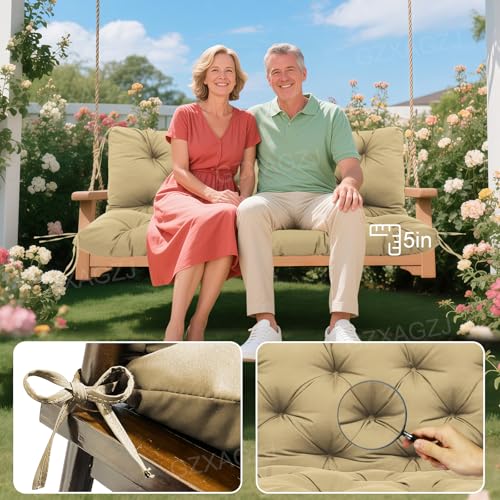 Image of Porch Swing Cushions Outdoor 40x40 inch Waterproof Extra Thick 5 inch Swing Cushions Replacement with Backrest and Ties for Outdoor Furniture Porch Patio Garden Lawn (Khaki)