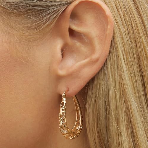 14K Gold Plated 925 Sterling Silver Post Oval Filigree Hoop Earrings for Women Hypoallergenic Dainty Thick Gold Hoops Earrings for Jewelry Gifts2