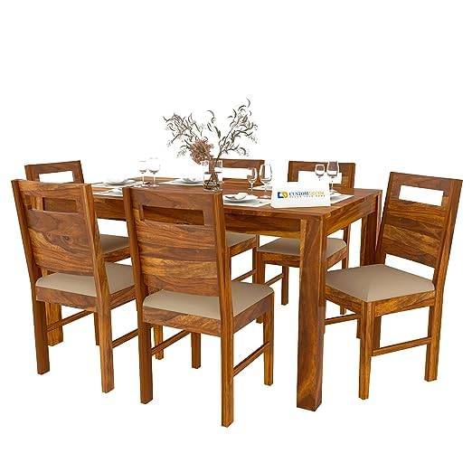 Image of RECTART Six Seater Dining Table Set (Brown) (6 Seater Dining Table with Cushion, Honey Teak with Chair)