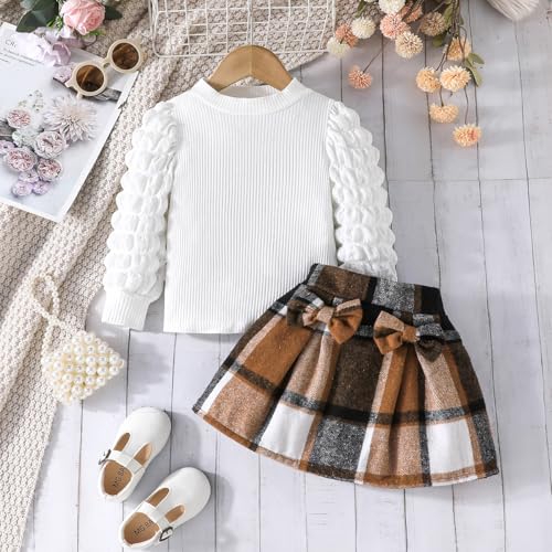 Image of Noubeau Toddler Girls Plaid Outfits Girls Puff Sleeve Knit Ribbed Shirt Tops Plaid Skirt Set Kids Fall Winter Clothes