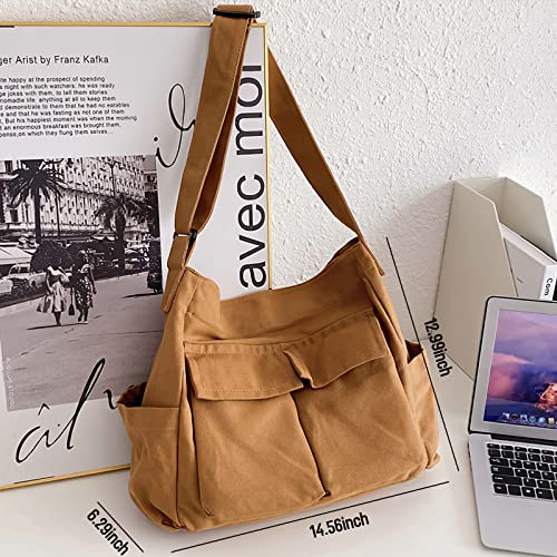 Image of LassZone Canvas Messenger Bag Large Crossbody Bag Hobo Shoulder Handbags Multi Pocket Denim Tote Bag for Women or Men