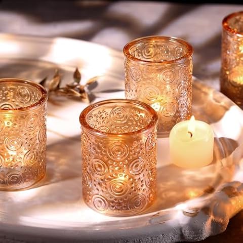 Volens Gold Votive Candle Holders Bulk Set of 24, Vintage Wedding Decorations for Table Reception, Embossed Glass Tealight Candle Holder for Birthday, Parties&Home Decor Cover