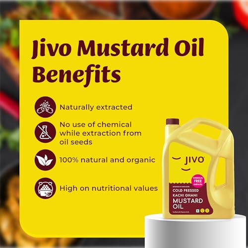 Image of Jivo Premium Cold Pressed Kachi Ghani Mustard Oil, 4 Litre | Contains Omega-3 (ALA) and Vitamin E | Ideal for Cooking, Frying, Pickling & Daily Use