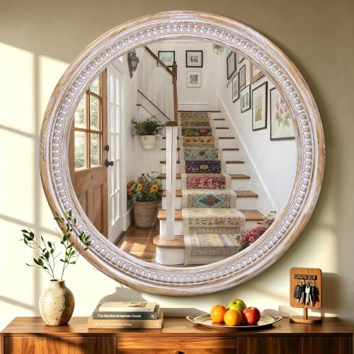 Image of 36 Inch Rustic Farmhouse Round Mirrors for Wall Decor, Wooden Circle Mirror | Boho Accent, HD Tempered Glass, Decorative Focal Point for Over Sink, Living Room, Entryway, Bathroom, and Hallway