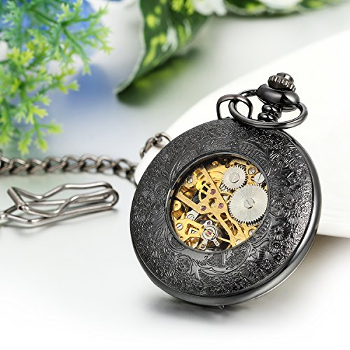 Image of JewelryWe Antique Mechanical Pocket Watch Retro Classic Mechanical Hand-Wind Pocket Watch Steampunk Fob Watch Pendant Watch with Chain, for Father's Day