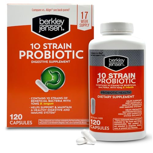 Berkley Jensen Natural 10 Strain Probiotic Supplement Capsules with 10mg B. Longum, Loaded with Live Strains & Beneficial Gut Flora, for Digestive & Immune Health - 17-Week Supply, 120 Ct