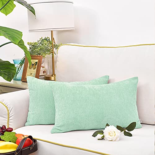 Image of CaliTime Pack of 2 Cozy Bolster Pillow Covers Cases for Couch Sofa Home Decoration Solid Dyed Soft Chenille 12 X 20 Inches Grayed Jade