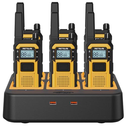 Retevis RB48 Walkie Talkies for Adults, Heavy Duty 2 Way Radios Long Range with Six-Way Charger, IP67 Waterproof, Shock Resistant, Dual PTT, for Jobsite Construction(6 Pack)