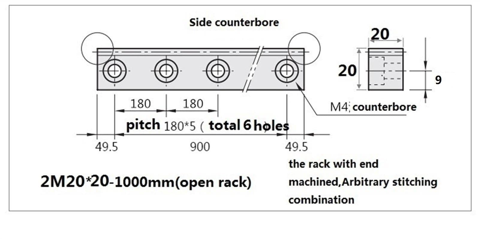 Crémaillère M2 20x20 acier 45# 500-2000mm CNC industriel