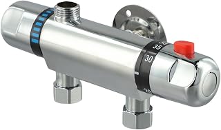 Válvula mezcladora termostática para baño de aleación, acabado cromado, control de temperatura de 38 °C, salida superior G1/2, longitud de 20 cm, para sistemas de frío y calor