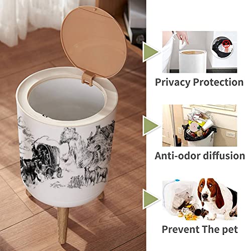 Image of Small Trash Can with Lid Vintage Western Ranch Seamless American Wild west Garbage Bin Wood Waste Bin Press Cover Round Wastebasket for Bathroom Bedroom Kitchen 7L /1.8 Gallon