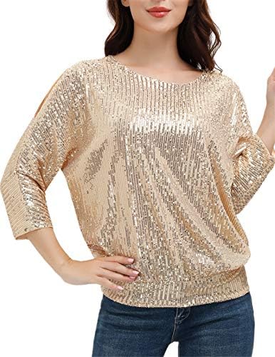 JASAMBAC Womens Metallic Blouse Club Christmas Formal Cocktial Tunic Tops T-Shirts Size S Champagne