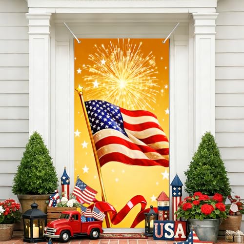 Image of BissYard Patriotic Door Cover 71 x 35 Inches American Flag Fireworks Door Banner Independence Day 4th of July Front Door Decoration Indoor Outdoor Porch USA Holiday Decor