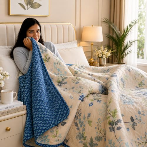 Image of IVAZA Luxury Ultrasonic Punch AC Comforter Blanket - Quilted Microfiber Floral Pattern, Lightweight Breathable All‑Season Blanket for Bedroom, Travel (Single Bed,228x152 CM) Antique Gold Blue