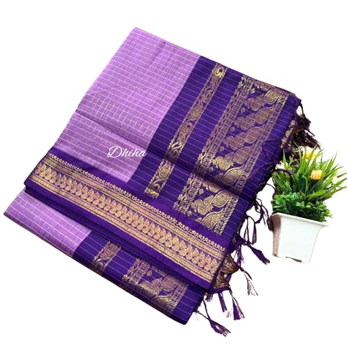 Image of Gadwal Cotton Silk Checked Saree for Women | Pure Kalyani Cotton Checked Saree with Zari Border Tassels & Blouse | Kanjivaram Linen Silk | Handloom Weave