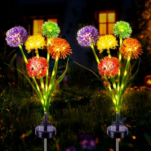 Lampy solarne do ogrodu, 2 sztuki, dmuchawiec, 50 diod LED, dekoracja ogrodowa, 2 tryby pracy, IP65, wodoszczelna lampa solarna w kwiaty, do użytku na zewnątrz, na trawnik, balkon, taras, podwórko,