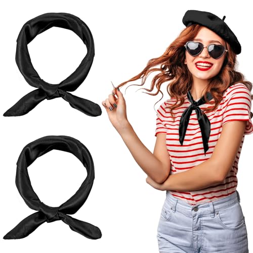 Black Neck Scarf for Women, 2 Pcs Breathable Solid Satin Hair Scarf 23.6x23.6in/60x60cm Soft Lightweight Neck Scarves for Women Daily wearing Cosplay Party Halloween Costumes Anniversary