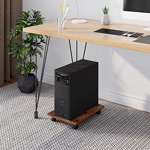 Join Iron Cpu Stand Computer Tower Stand, Set Of 2 Pc Tower Stand, Floor Pc Stand For Under Desk, Wood Cpu Holder Stand Cart With Lockable Wheels, For Office, Home（Brown #TOP3