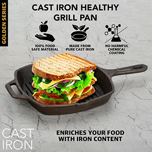 Image of Sumeet Super Smooth Gold Series Pre Seasoned Cast Iron Grill Pan for Grill /Fry /Saute /Roast |28cm 3.180kg, Gas & Induction-Friendly.