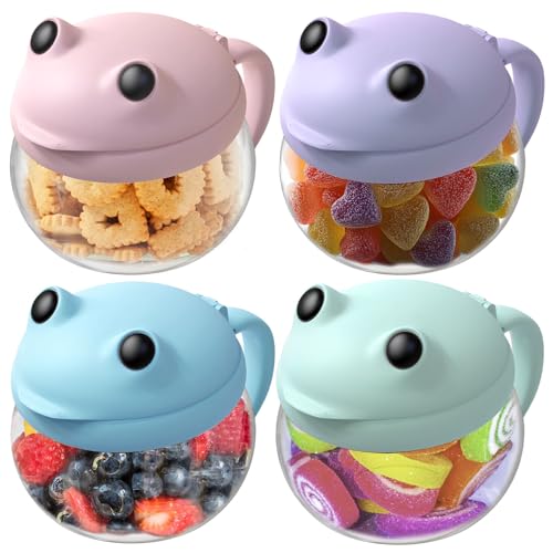 Image of SELEWARE Spill-Proof Toddler Snack Cups 4-Pack - No Mess Snack Catcher with Handle, BPA-Free Tritan & Silicone - No Spill Snack Container for Kids, Baby & Toddlers - Cute Frog Design, Dishwasher Safe