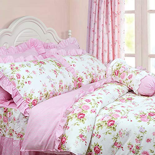Fadfay Shabby Pink Duvet Cover Set Rose Floral Bedding Collection Elegant Princess Lace Ruffle Quilt Cover Set For Girls 4 Pieces Queen Size #TOP2