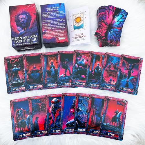 Image of Dark Tarot Deck 78 Cards, Neon Arcana Cyberpunk Tarot Cards with General Guidebook for Adults, Modern Gothic Fantasy Tarot for Shadow Work & Collectors