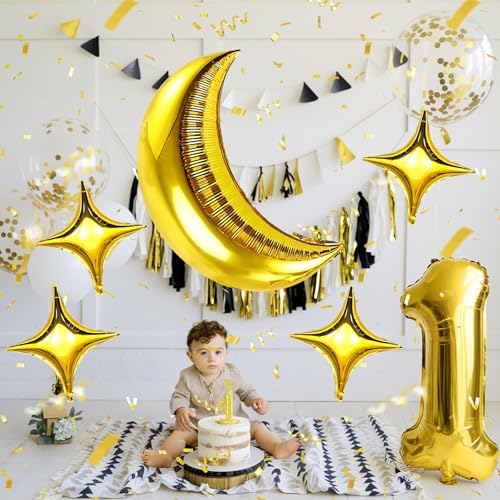 Image of Moon and Star Balloons New Years Balloons 36 Inch Large Metallic Gold Moon Shape Foil Balloon 18 In Star Shaped Balloon for Happy New Year Decorations Ramadan Eid Baby Shower Birthday Party
