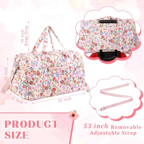 Large Quilted Travel Duffle Bag for Women Floral Portable Gym Lightweight Weekender Bag with Zipper Pockets Workout Grocery Pouch Duffle Pouch for Travel Work(Pink Floral)2