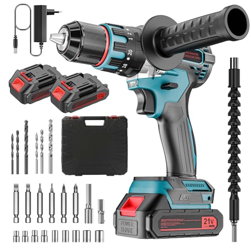 Brushless Taladro Percutor a Bateria 21V, Taladro Atornillador Electrico, Taladro Atornillador Batería Inalámbrico Destornillador Eléctrico Para Hogar, Bricolaje Con 2×2.0Ah Baterías, 80N.m Max