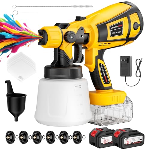 Paint Sprayer Cordless, 650W High-Efficiency Electric Spray Paint Gun with 2x4.0Ah Batteries & 6 Brass Nozzles, Easy to Clean & Use, 3 Spray Patterns for Furniture, Walls, Fences, DIY Home Projects