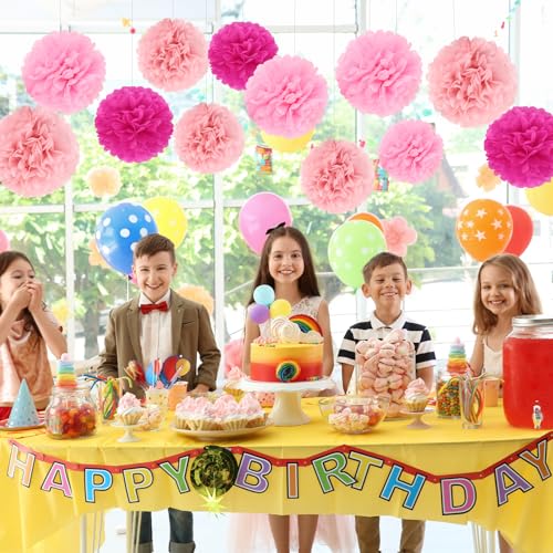 Image of BestoFun 16Pcs Party Decorations - Hot Pink Pom Poms, Paper Flowers for Wedding, Birthday, Engagement Receptions & Bridal Shower