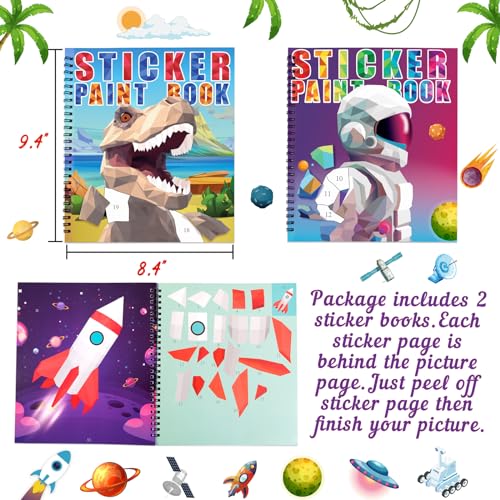Image of 90shine 2PCS Sticker Books for Kids Boys Ages 4-8 Dinosaur Space Designs Party Gift Create 22 Pictures