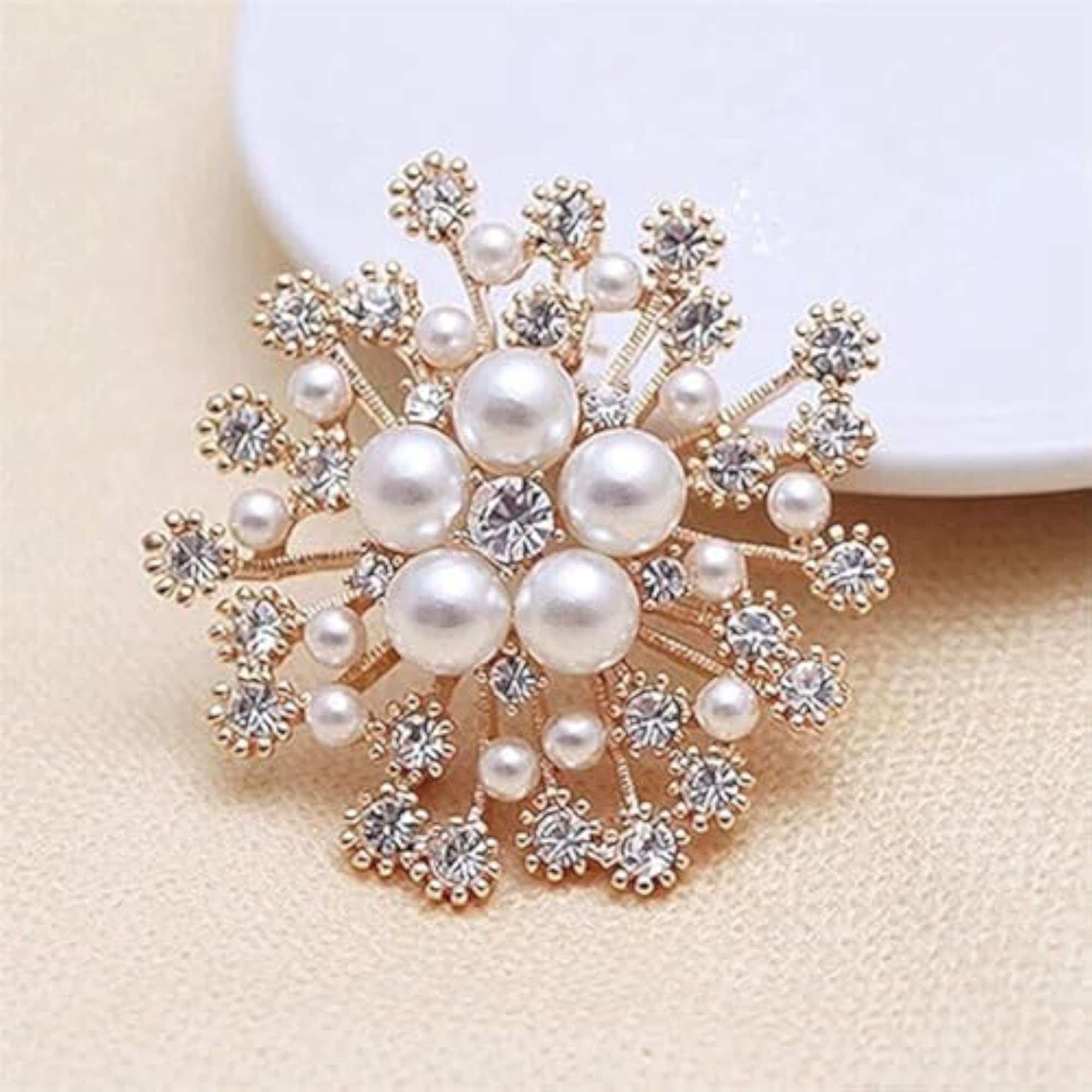 Pearl Crystal Snowflake Flower Brooch Pin Badge