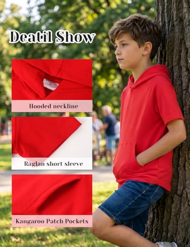 Image of Spring&Gege Boys Light Weight Short Sleeve Hoodie Casual Solid Pullover Hooded T-shirt with Pocket