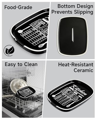 Image of Black Spoon Rest for Stove Top, Ceramic Spoon Holder for Kitchen Counter | Funny Large Cooking Utensil Rest, Conversion Chart Modern Farmhouse Kitchen Decor and Accessories for Cooking Lovers
