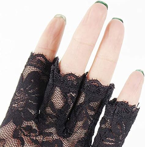 Lifreer Ladies Fingerless Black Lace Gloves, Halloween Gloves, Black Gloves Gothic Fancy Dress Womens Halloween Accessories (2 Pairs)