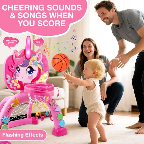 Image of DRAMATION Toddler Basketball Hoop & Soccer Goal & Ring Toss, Unicorn Baby Basketball Hoop Indoor for Kids 1-3 with Lights and 30+ Sounds, Christmas Birthday Gift Toy for Girls 1 2 3 Years Old