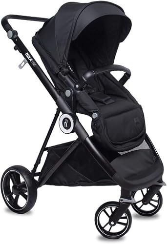 NOOLA- Luxe 2in1 Travel System -Black, Premium Oxford Cotton & Leather Stroller,Reversible Seat, All-Terrain 10" EVA Wheels,Luxury Suspension,Newborn Ready with One-Button Fold