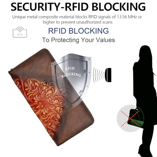 Image of Wallet Genuine Leather for Women - with RFID Blocking Card checkbook ID Slot Large Capacity Vintage style (floral coffee)
