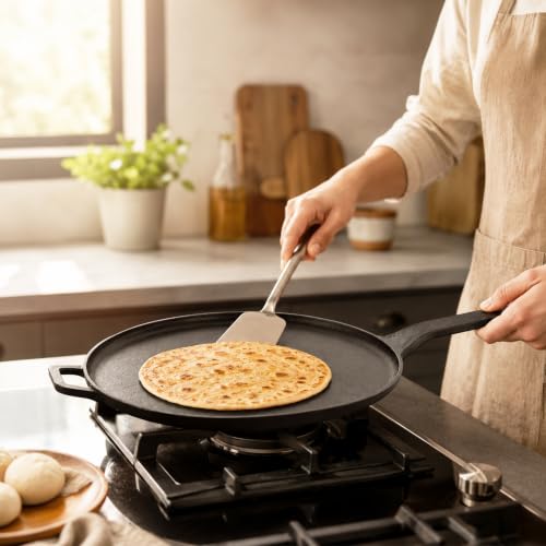 Image of HomeEssentials Non-Stick 28cm Cast Iron Dosa Tawa with Silicone Handle | Non-Stick Cooking & Serving Pan for Dosa, Chapati, Roti, Pizza, Pancakes, Omelets and Daily Cooking