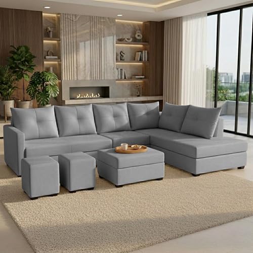 Image of Wood 8 Seater Sofa Set with Ottoman & Stools | Velvet Fabric Upholstery | Modern L Shape Wooden Frame Couch for Living Room, Home & Office (Grey)