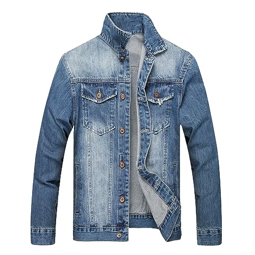 Image of LZLER Men's Denim Jackets Distressed Destroyed Classic Vintage Slim Fit Ripped Fashion Trendy Trucker Jean Jackets