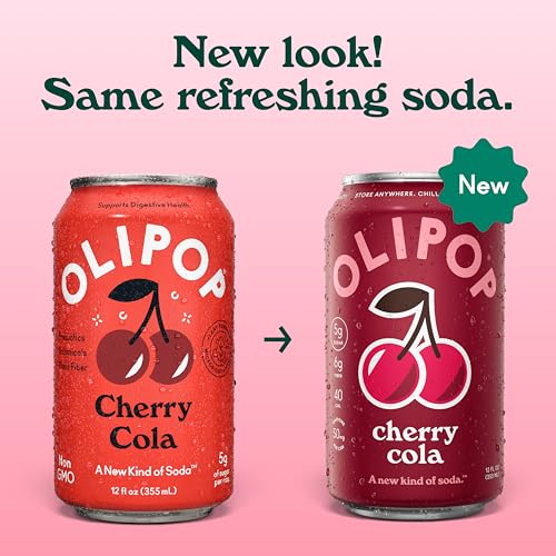 Image of OLIPOP Prebiotic Soda Pop, Cherry Cola, Pantry Pack Packed with Prebiotics, Fiber, and Botanicals, Gluten Free, GMO Free, 12oz (12-Cans) (Packaging May Vary)
