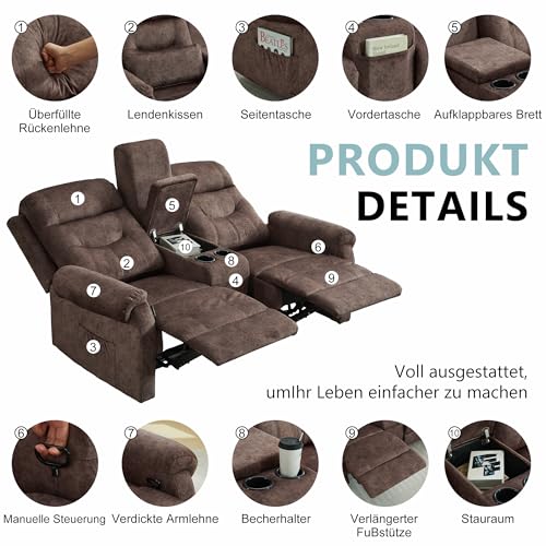 SITURAY Zweisitzer Relaxsessel mit Liegefunktion Fußteil, Manuell Verstellbar 2 Sitzer Fernsehsessel Doppel TV Sessel, 2er Samt Stoffbezug Kinosessel mit Konsole für Wohnzimmer,bis 360 kg (Braun) – Bild 5