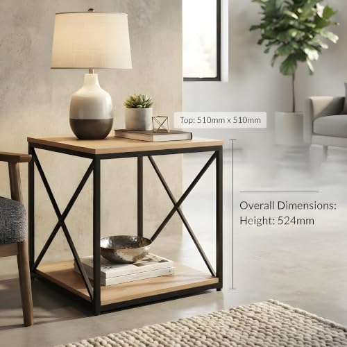Image of Contour Engineered Wood & Metal Accent Side Table with Open Storage Shelf | Modern Industrial End Table for Living Room & Bedroom | Sofa Side Table | Oak & Black Finish