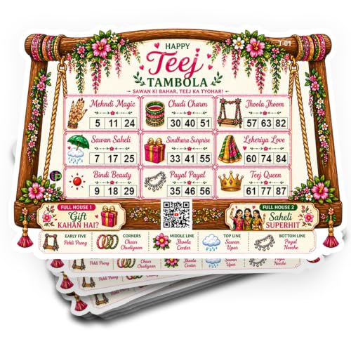 Image of Teej Theme Tambola Tickets - Teej Jhoola Teej Ke Jhoole | Bingo Housie Game for Celebration, Kitty Party, Friends & Family | Set of 15 Unique Tickets in Each Set
